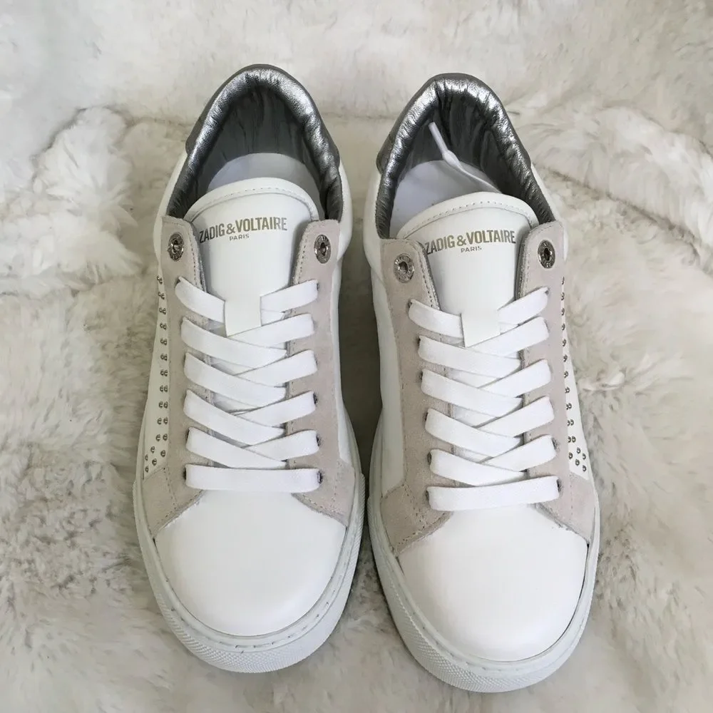 NEW ZADIG & VOLTAIRE White Leather Lightning Bolt Studded Sneakers Size 10